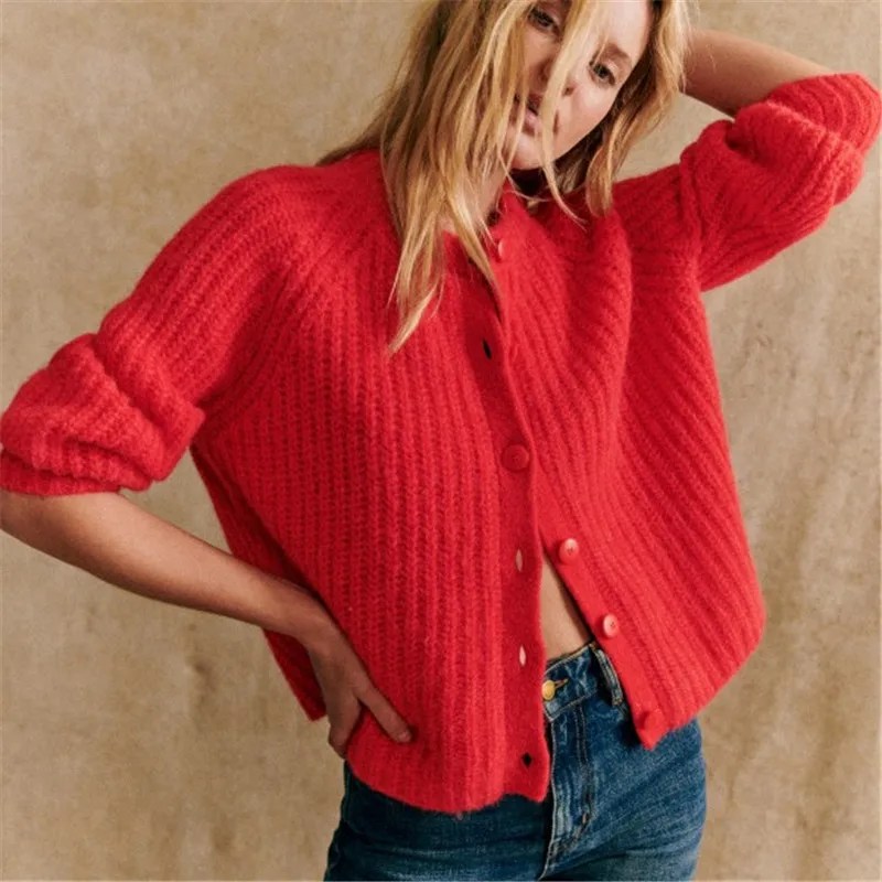 Gaono Women Chunky Knit Cardigan Y2k Long Latern Sleeve Crew Neck Button Up Open Front Cable Knitted Crop Sweater Jackets