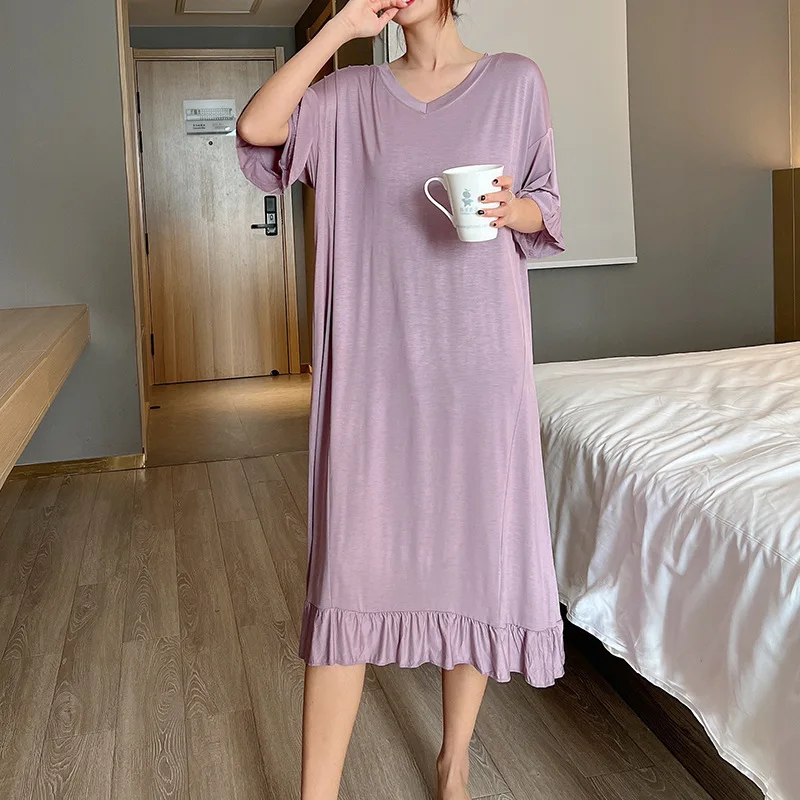 Modal Nightgown Women\'s New Short Sleeve Sleepwear Plus Size Homewear Summer Pajamas Night Dress Women Loose Casual Nightdress