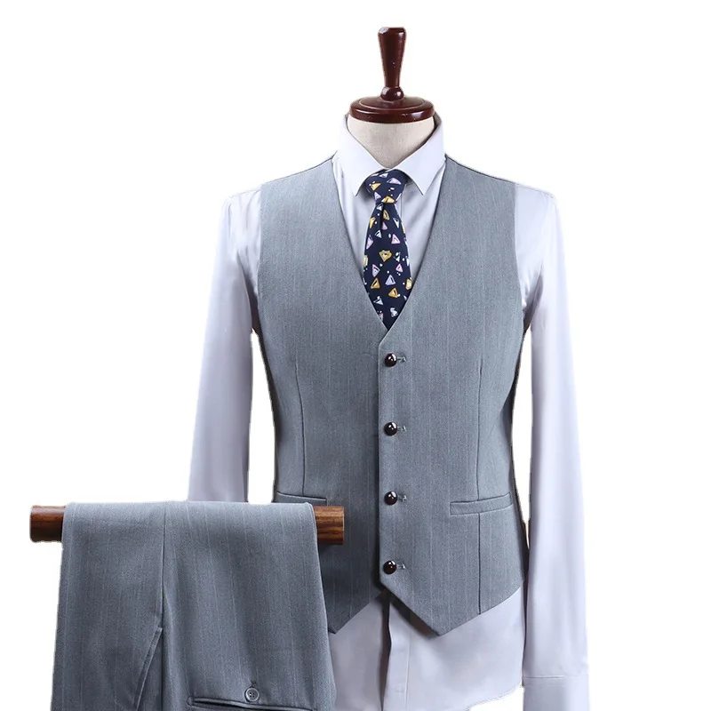 S-7XL Stripe Business Casual 3Pcs Mens Luxury Wedding Gentleman Formal Slim Fitting Suit Male Classic Simple Light Grey Blazers