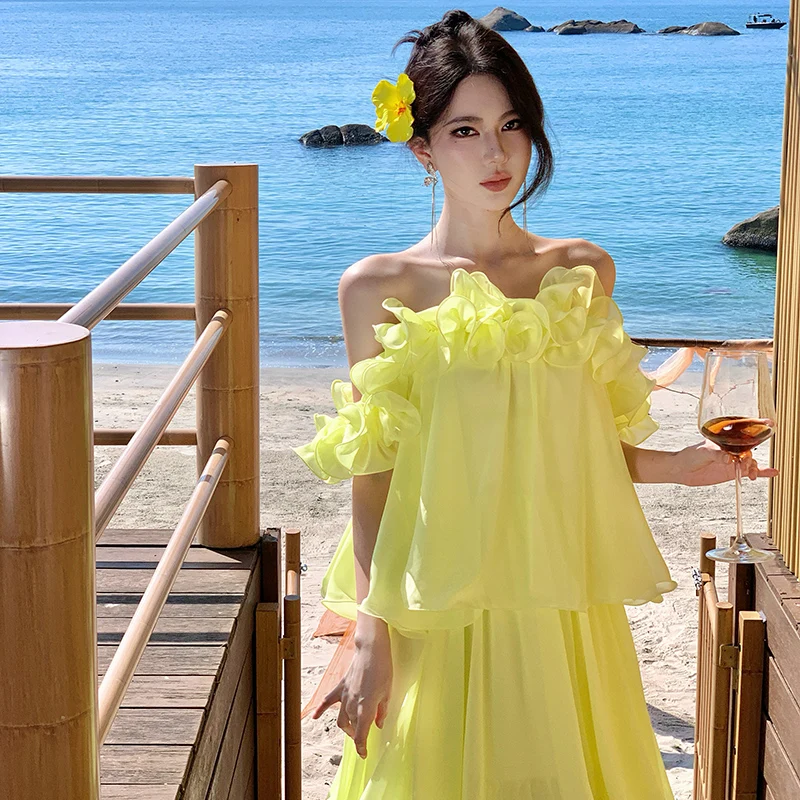 

French Style Light Wedding Dress One Shoulder Super Fairy Princess High-End Luxury Niche Host Performance Evening Gown Robe