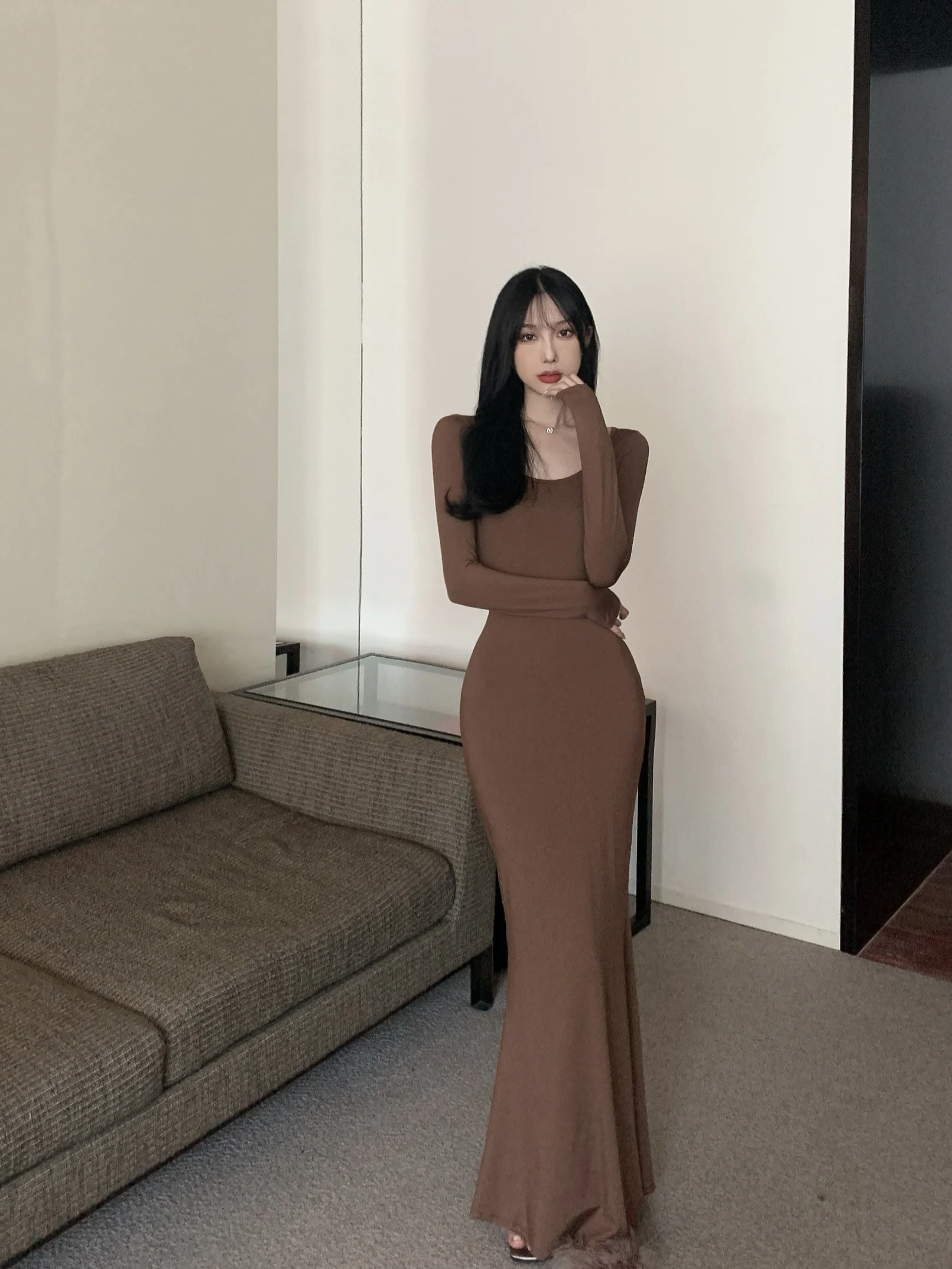 Kleider Langarm-Damenkleid für Damen, Hochzeit, Party, Herbst, Tweed, Marineblau, einreihig, tailliert, normale Passform, Elite, schlicht