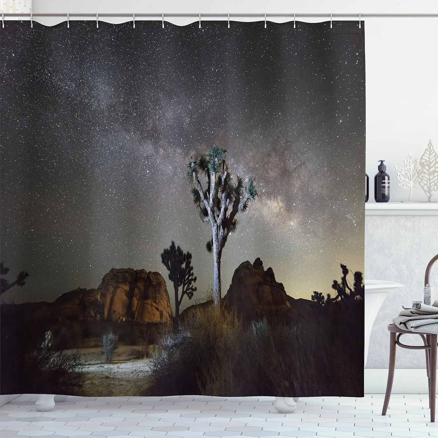 

Desert Night Sky Shower Curtain Milky Way Stars Joshua Tree Landscape Astronomical Bathroom Decor Cosmic Nature Art Black