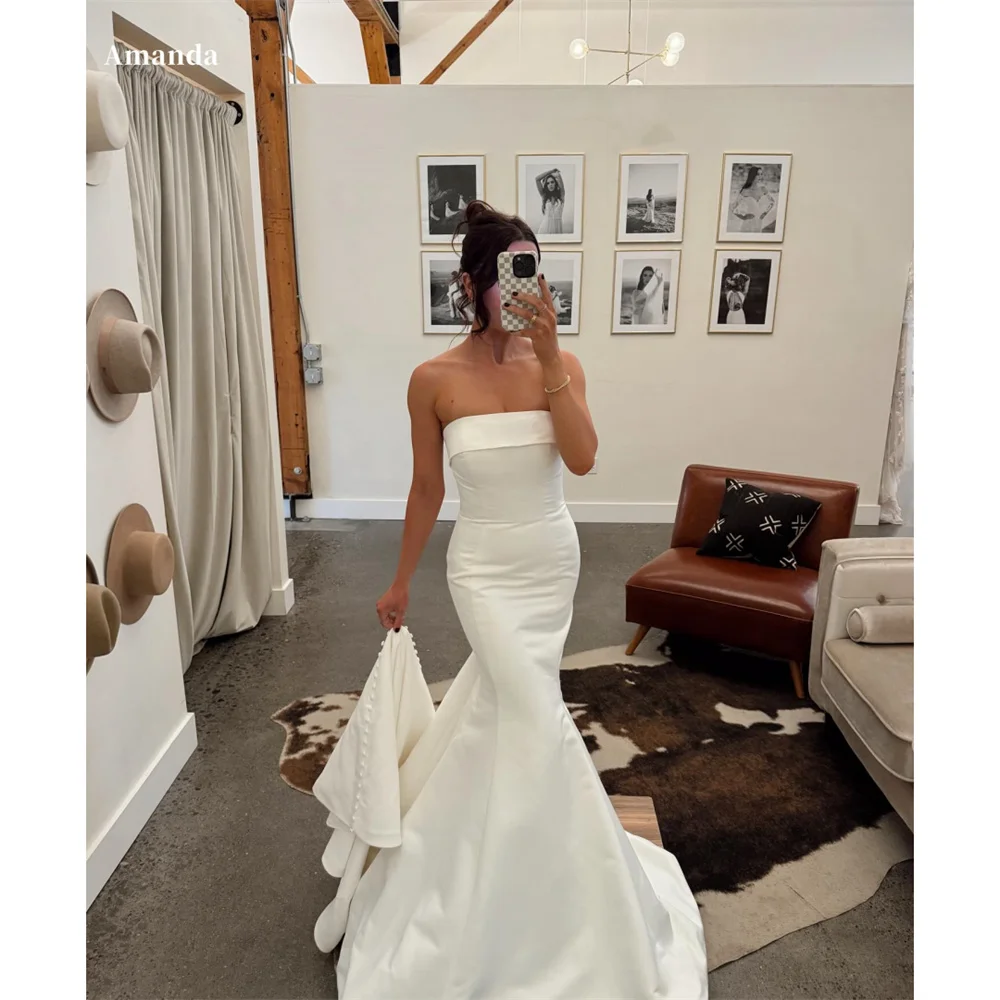 Amanda Customized Satin Strapless robes de soirée Mermaid Floor-Length Sleeveless Evening Dresses Wedding Party Wedding Dress