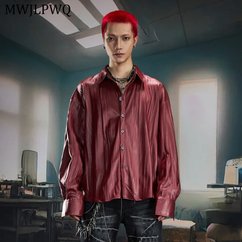 

MWJLPWQ Not Leather Niched Personality High-End Shirts Male Lapel Single Breasted Loose Unisex Tide Casual Tops Autumn New 11507