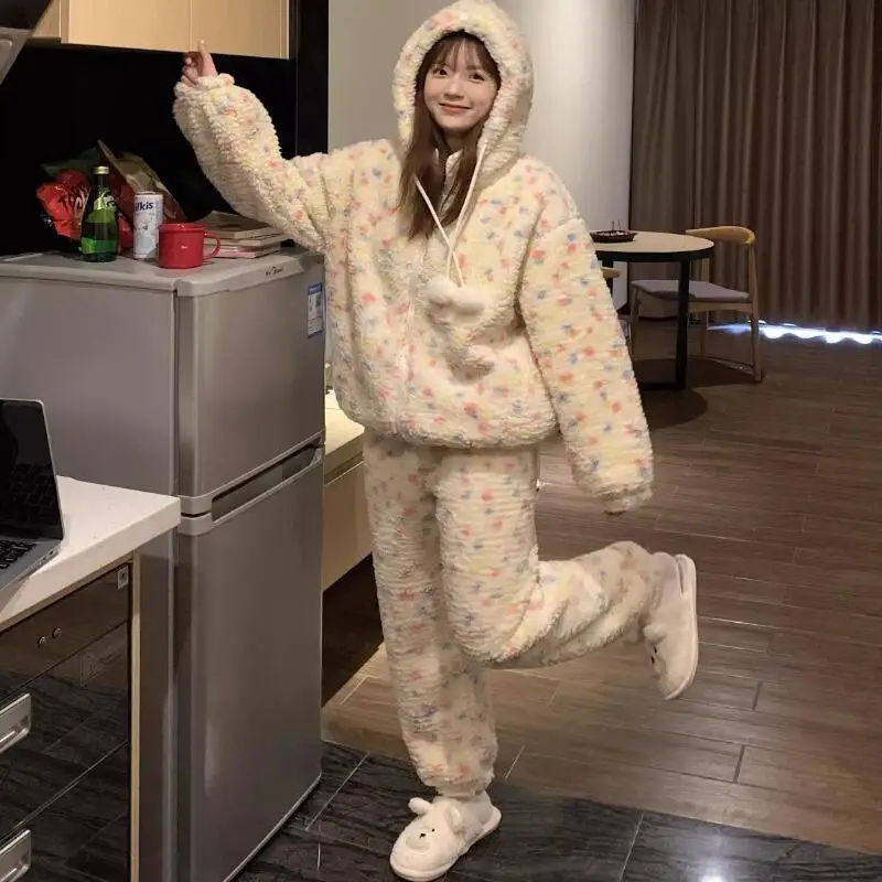 Pigiama con cappuccio da ragazza Completo invernale colorato a pois foderato in pile per il tempo libero Abbigliamento per la casa carino Addensare Tenere al caldo Set di indumenti da notte in flanella