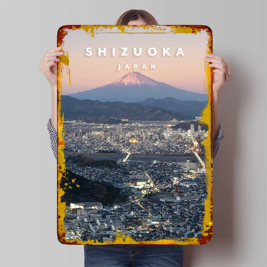 Shizuoka اليابان سيتي سكيب ملصق معدني جبل فوجي ليلة عرض ديكور المنزل جدار الفن تذكارية