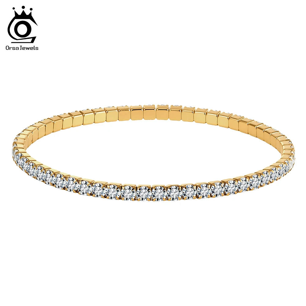 ORSA JEWELS Simple 3MM Cubic Zircon Tennis Bracelet Stainless Steel Chain Bracelet Adjustable Elastic Waterproof Jewelry STKB14