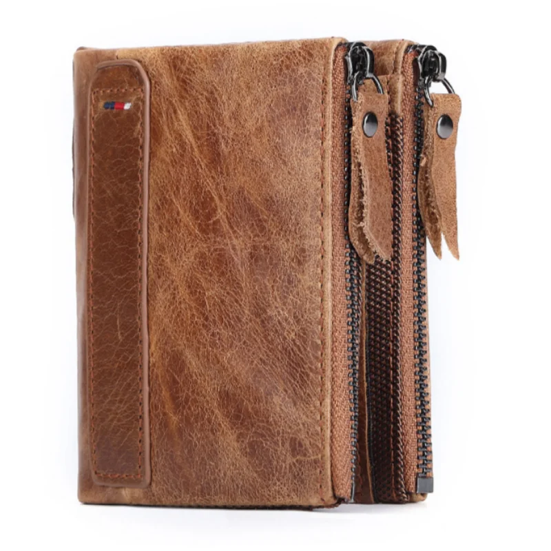 New Rfid Anti-scan Cowhide Men's Wallet Genuine Leather Short Men's Wallet With Double Zipper