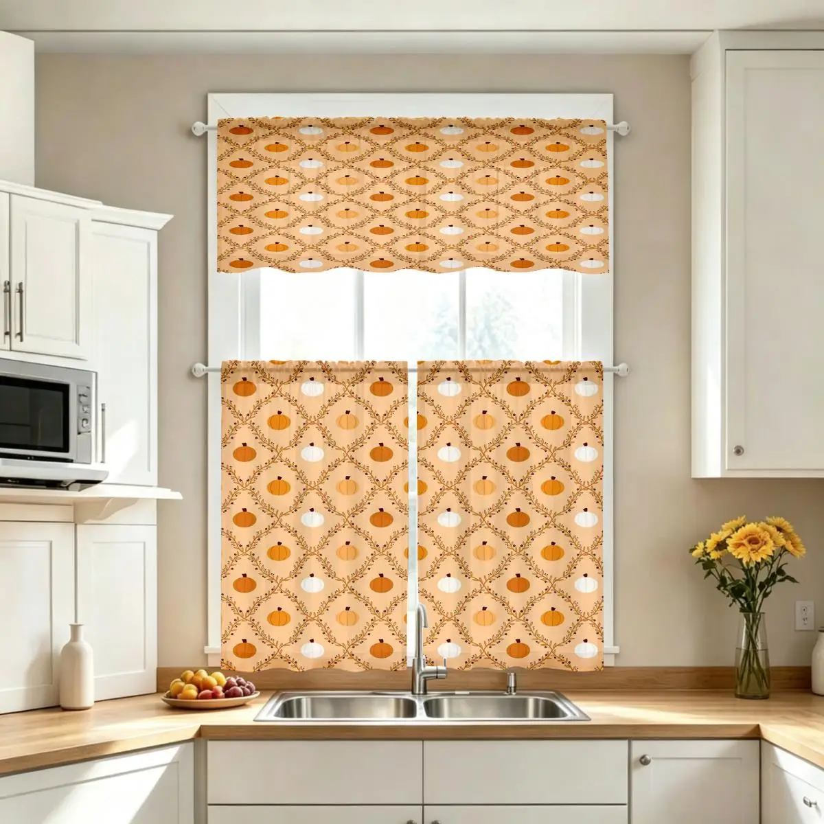 Thanksgiving Fall Kitchen Curtains, Pumpkin Vine Pattern, Digital Print, Kitchen Dining Room, Rod Pocket Polyester, Home Decor