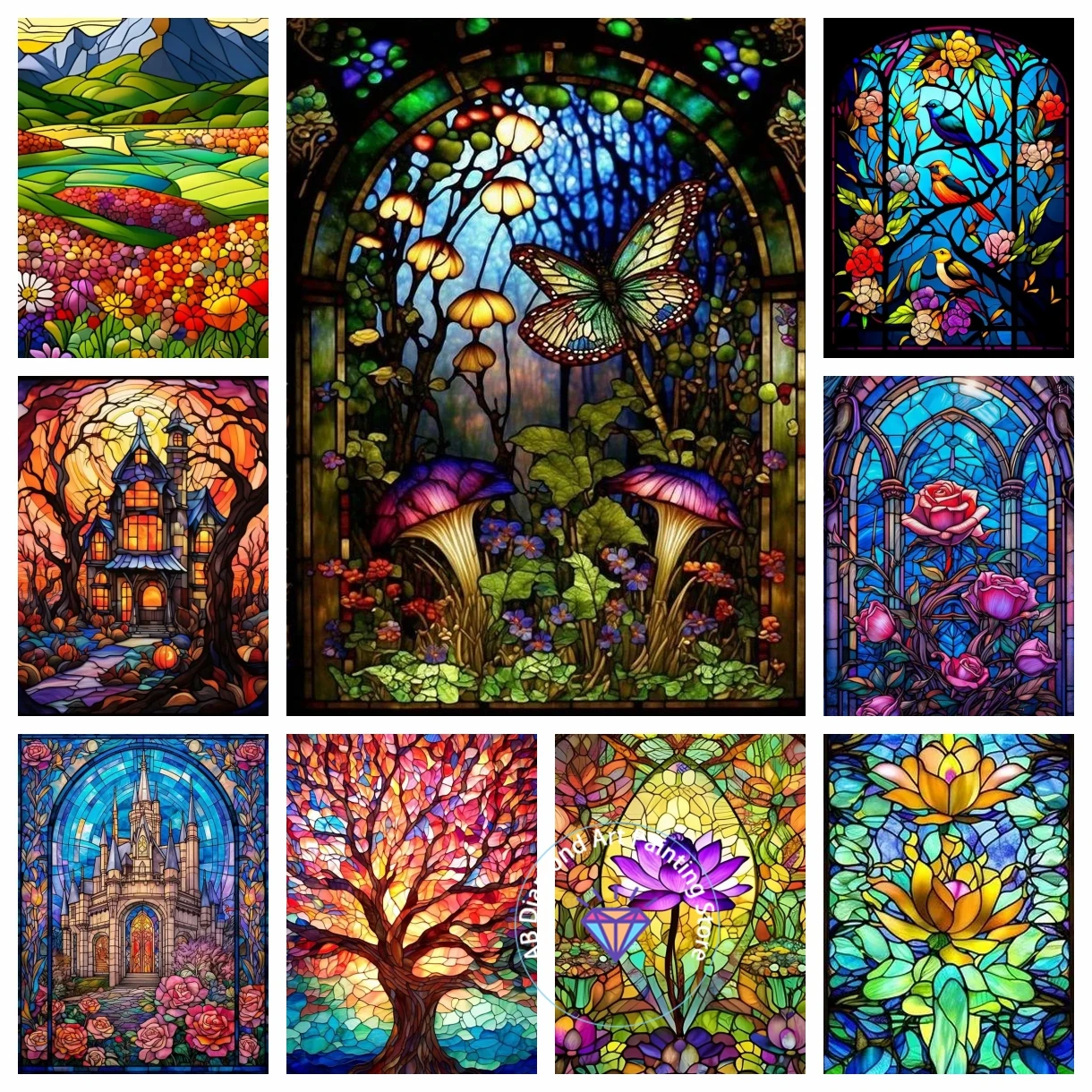 

Stained Glass Art AB Diamond Painting Cross Stitch Set Canvas 5D DIY Printed Mosaic Embroidery Home Decor New Arrivals Gift