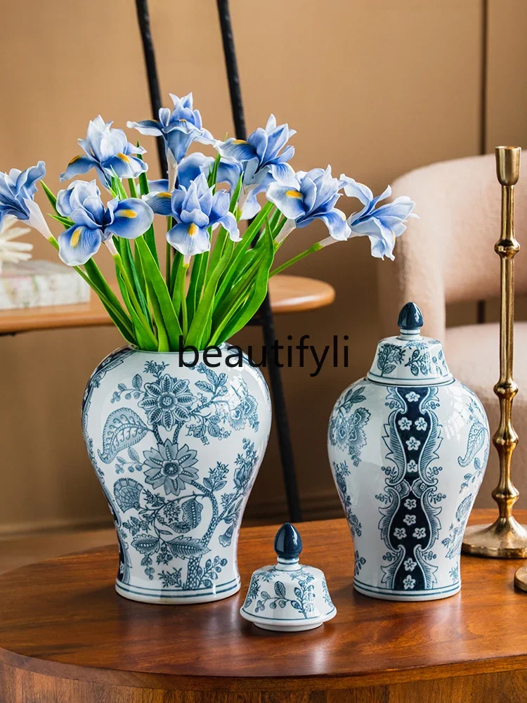 Ceramic General Jar Blue and White Porcelain Bottle Cap Vase Ornament Storage Jar