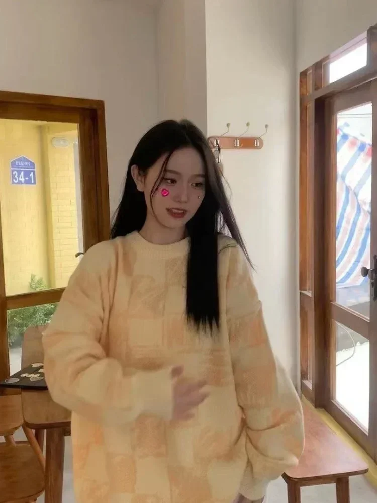 

Y2K Cartoon Dog Embroidered Plaid Sweater Women Fashion Soft Waxy Lazy Wind Cute Streetwear Retro Relaxed Casual Sweater