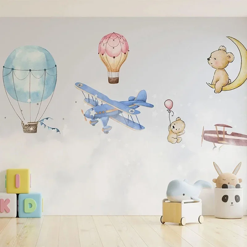 Custom Mural Wallpaper Nordic 3D Cartoon Hand Drawn Hot Air Balloon Airplane Children Room Background Wall Paper Papel De Parede