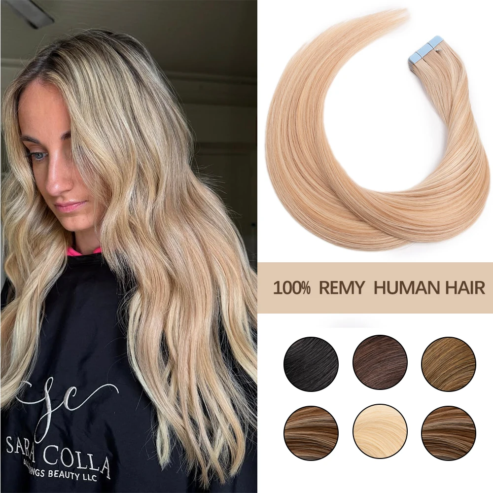 P18/60 ブロンドテープイン 20 ピース/パックヘアエクステンション人毛 100% レミーナチュラルスキン横糸防水 14-22 インチ 40/50 グラム
