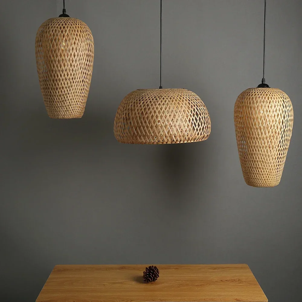 Bamboo Pendant lamo Retro Bamboo Weaving Chandeliers have base Black White Wood Restaurant Lighting Handmade Natural E27 Bulb