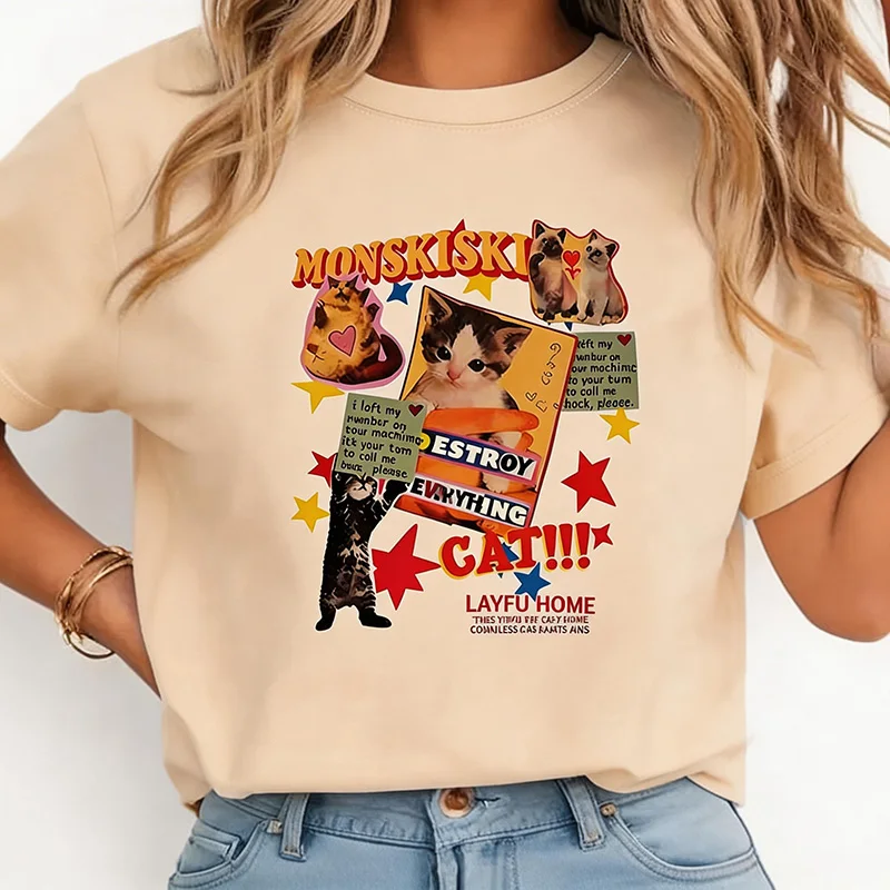 Damen Y2K Retro Katzen-Print T-Shirt Niedliches Kätzchen Ästhetisches Kurzarm-Rundhals-T-Shirt Lustiges Sommer-T-Shirt für Frauen