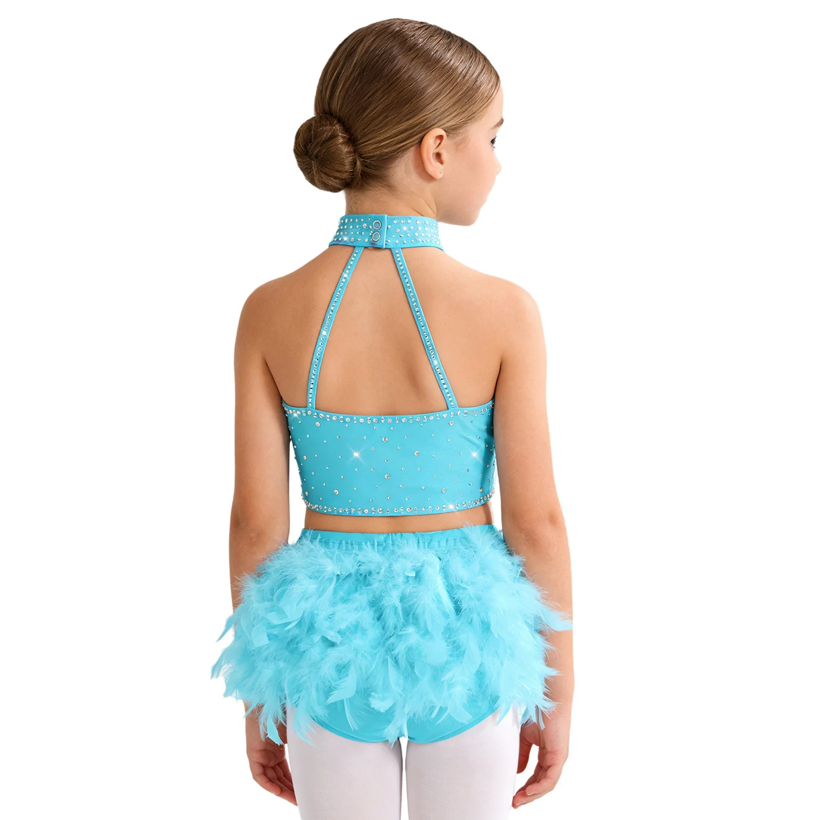 

Girls Latin Jazz Dance Set Halter Rhinestones Crop Top with Tassels Feather Leotard Figure Skating Samba Rumba Cha-Cha Costume