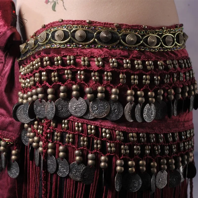 Women Tribal Belly Dance Hip Scarves Belly Dancing Waist Belts ATS Hip Scarf with Fringe Coins Flannel Vintage