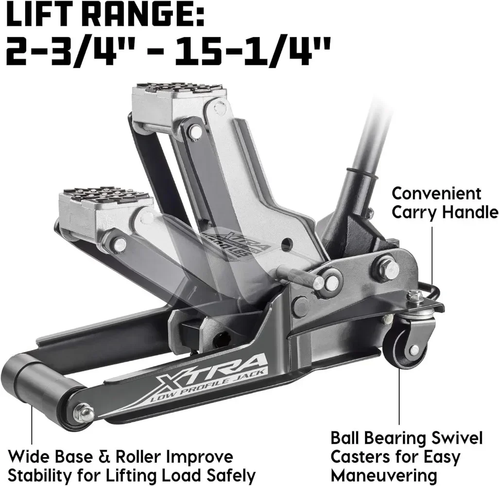 Xtra Low Profile Floor Vehicle Jack with Safety Bar, Extra Low Car Jack - 2 Ton Load Capacity 620479E, Silver