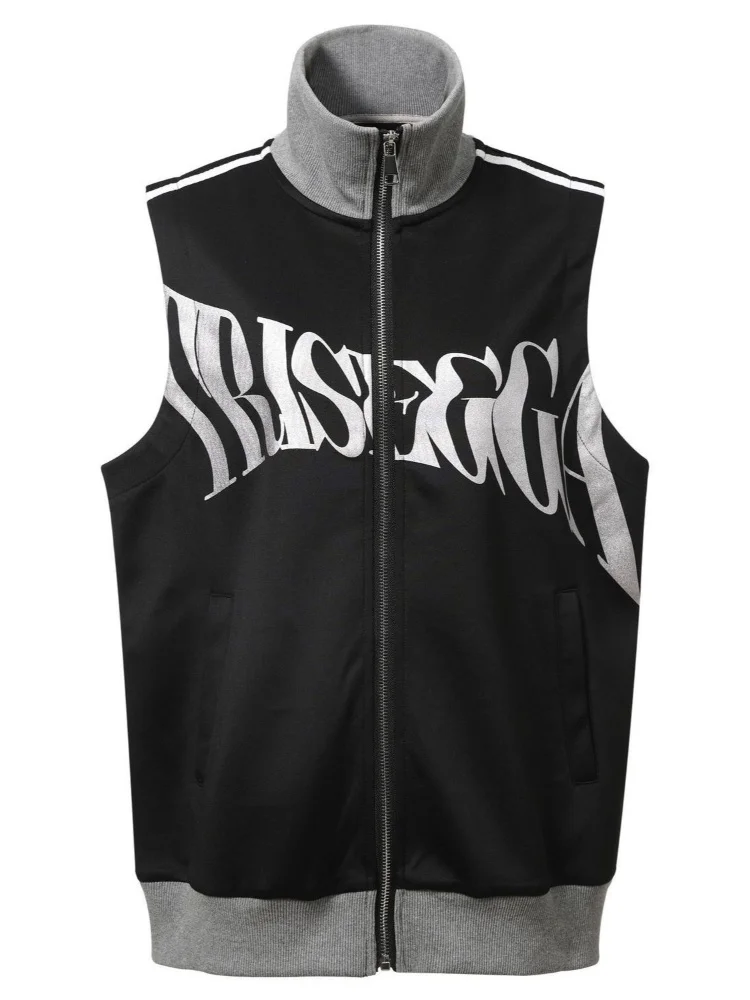 Letter Printing Streetwear Vintage Vest Coat Y2k Aesthetic Casual Loose ​Tank Top Harajuku Patchwork Stand Neck Grunge Camisole
