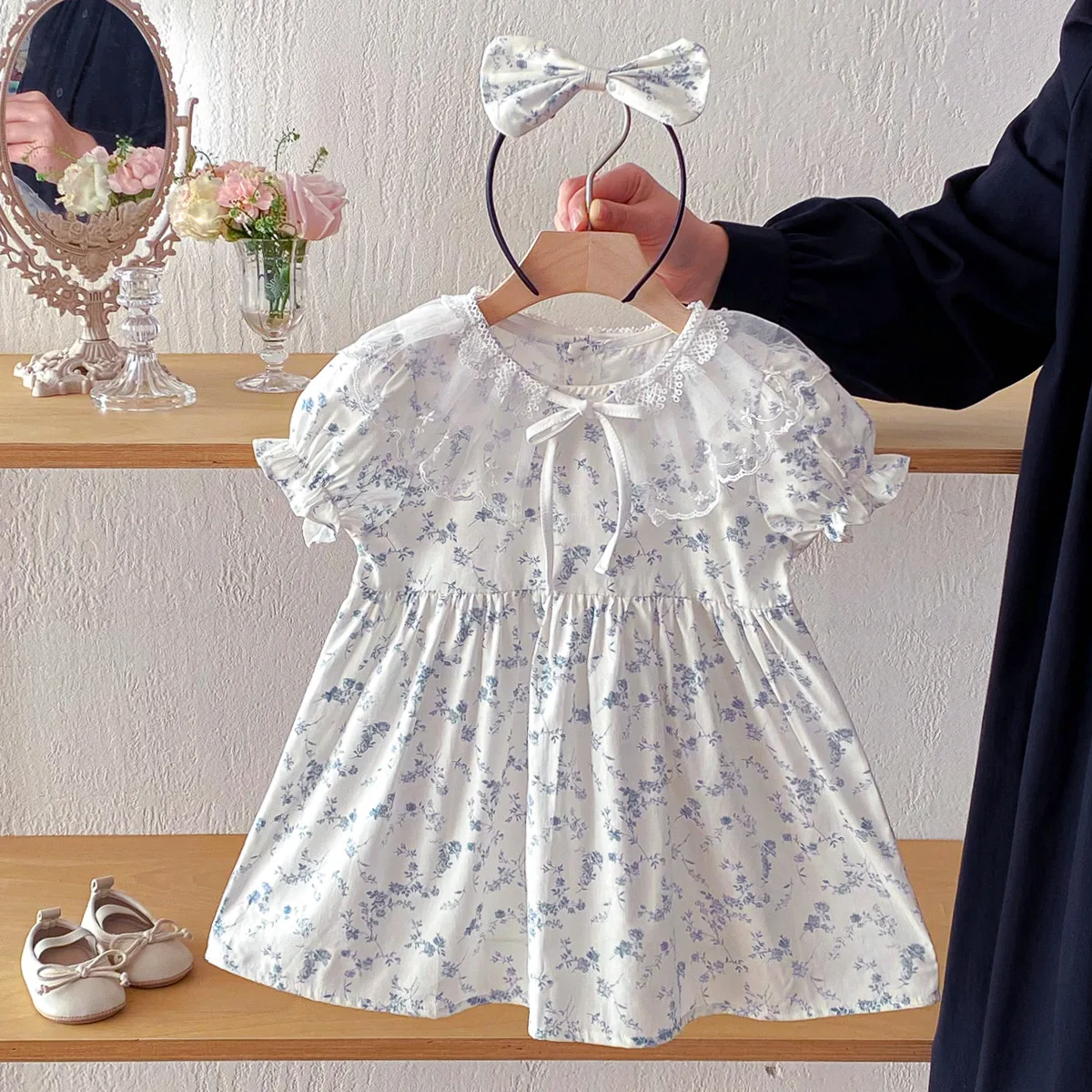 

Летнее платье для девочек 2026 года с цветочным принтом, кружевным воротником с рюшами, коротким рукавом, милое повседневное праздничное платье принцессы для детей 2-10 лет