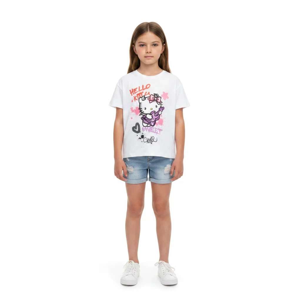 Unisex Graffiti Devil Horn Hello Kitty Play Guitar Graphic Print Short Sleeve White T-shirt Streetwear Summer Tee