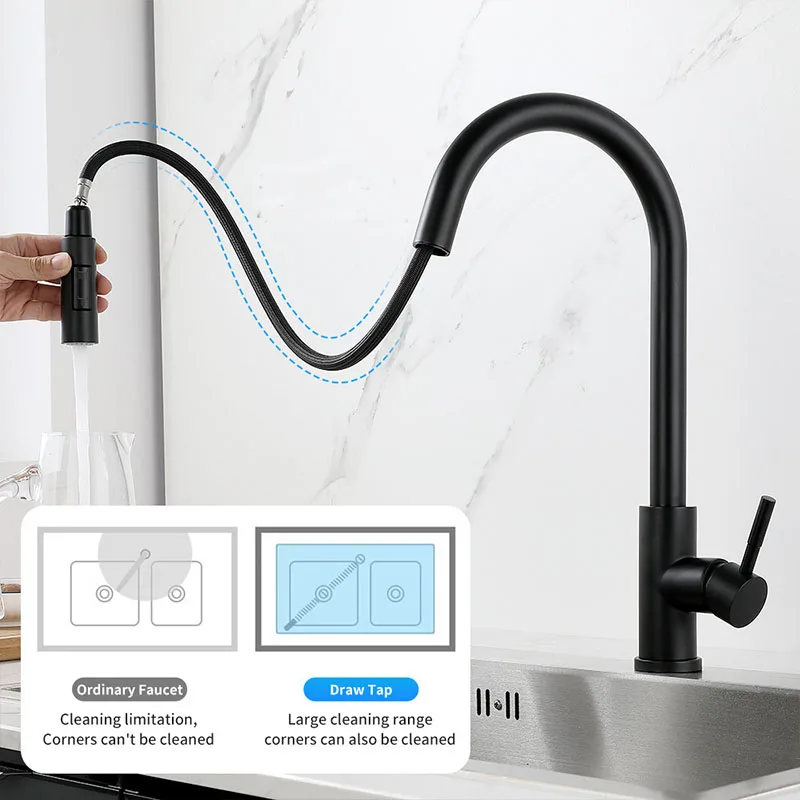 Stainless steel kitchen pull-out faucet  washbasin nozzle for hot and cold household use, splash proof sink, retractable sink