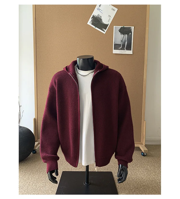 2026 New Autumn Winter Simple Solid Color Knitted Hoodie Men Japan Korean Fashion Casual Loose Double Zipper Hooded Jacket
