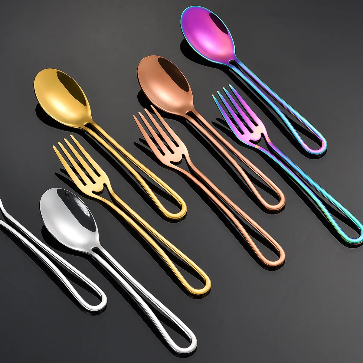 Stainless Steel Western Food Suit Ins Style Simple Five Piece Tableware Hollowed Out Handle Steak Knife Dessert Spoon Dinnerware