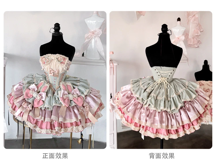 

High-End Fishbone Waist Satin Ribbon Dance Costume Milk Theater Milk Green and Pink Color Block Kawaii Dress for Women