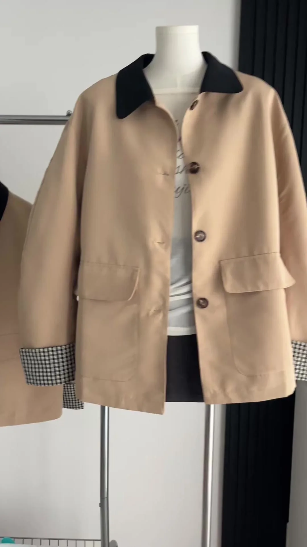

Women's Khaki Contrasting Plaid Windbreaker Autumn Suit Jacket 90s Aesthetic Vintage Top Female Long Sleeve Retro Commute Coat