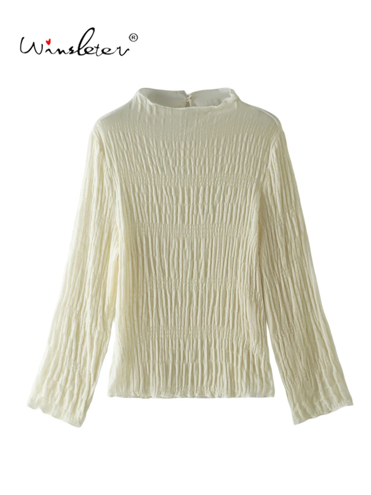 Winsleter-Silk Velvet Elegant T-Shirt, Stand Long Sleeve Folds, Women French Casual Commute Loose Top, 2026 Autumn New T69635CC