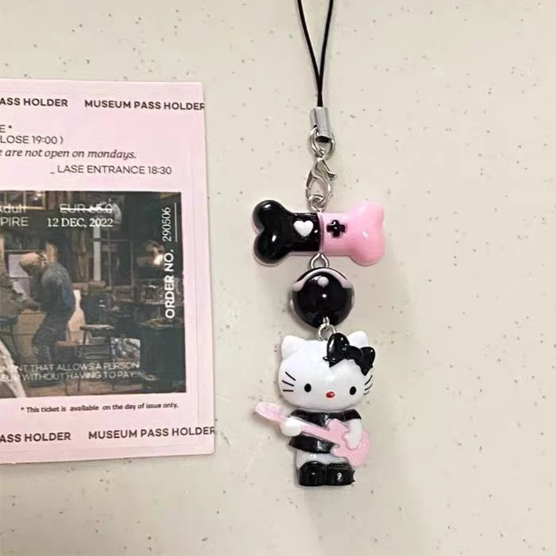 Sanrio Kawaii Sweet Cool Hello Kitty Telefoonketting Y2k Donkere Stijl Cartoon Kralen Hanger Rugzak Hangende Decoratie Tas Charms
