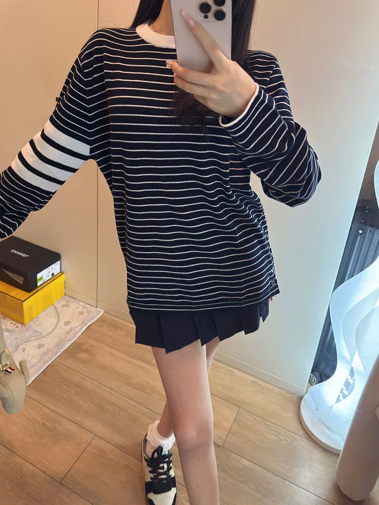 

Повседневный вязаный свитер в полоску для женщин, свободный, с круглым вырезом, мягкий шерстяной, универсальный, для отдыха