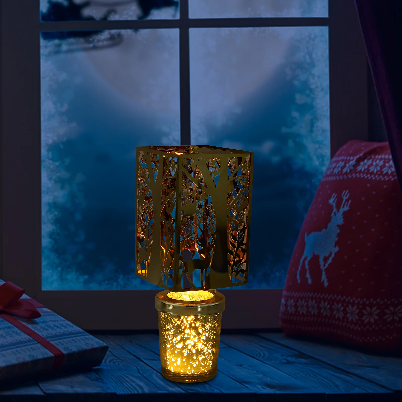 

Christmas Rotating Holder European Style Golden Deer Pattern Spinning Tealight Carousel for Holiday Decor