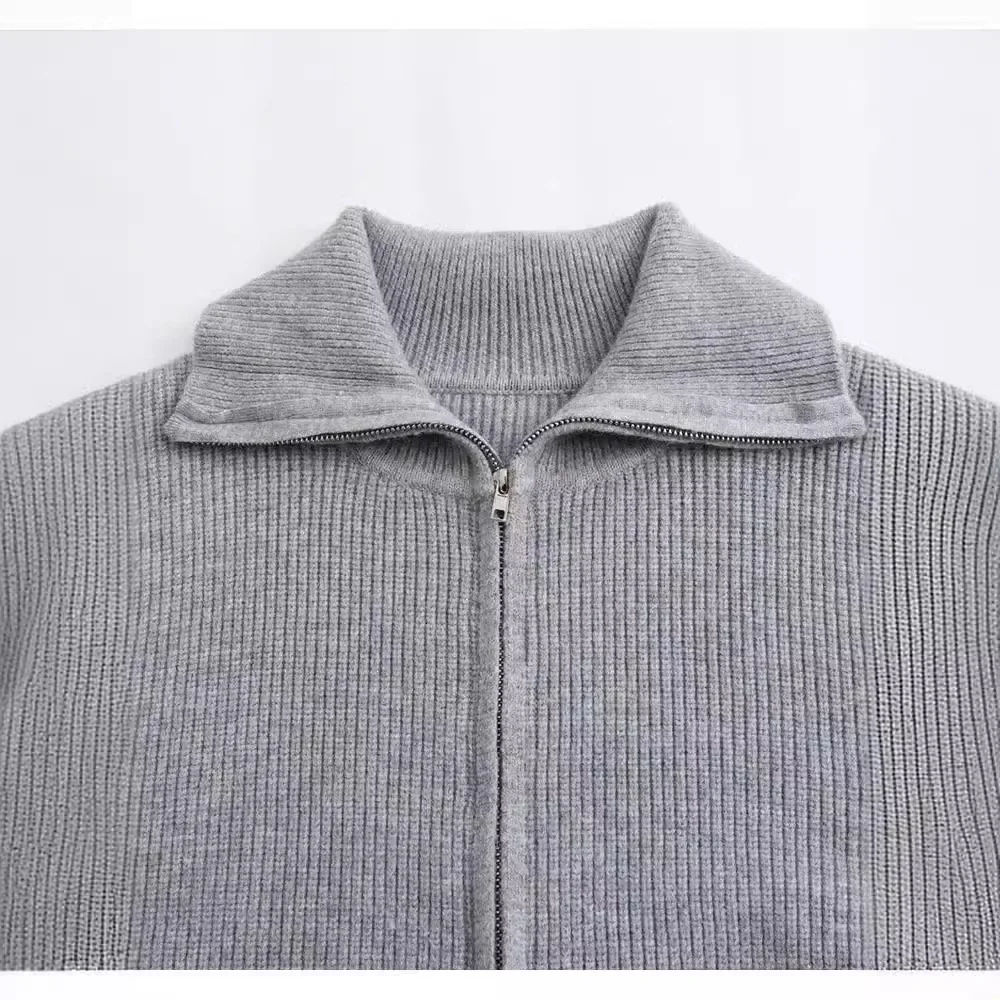 Autumn and Winter Dark Grey Knit Cardigan Double End Zipper Short Top Turndown Collar Coat Women Slim Warm  Fashion Knitwear