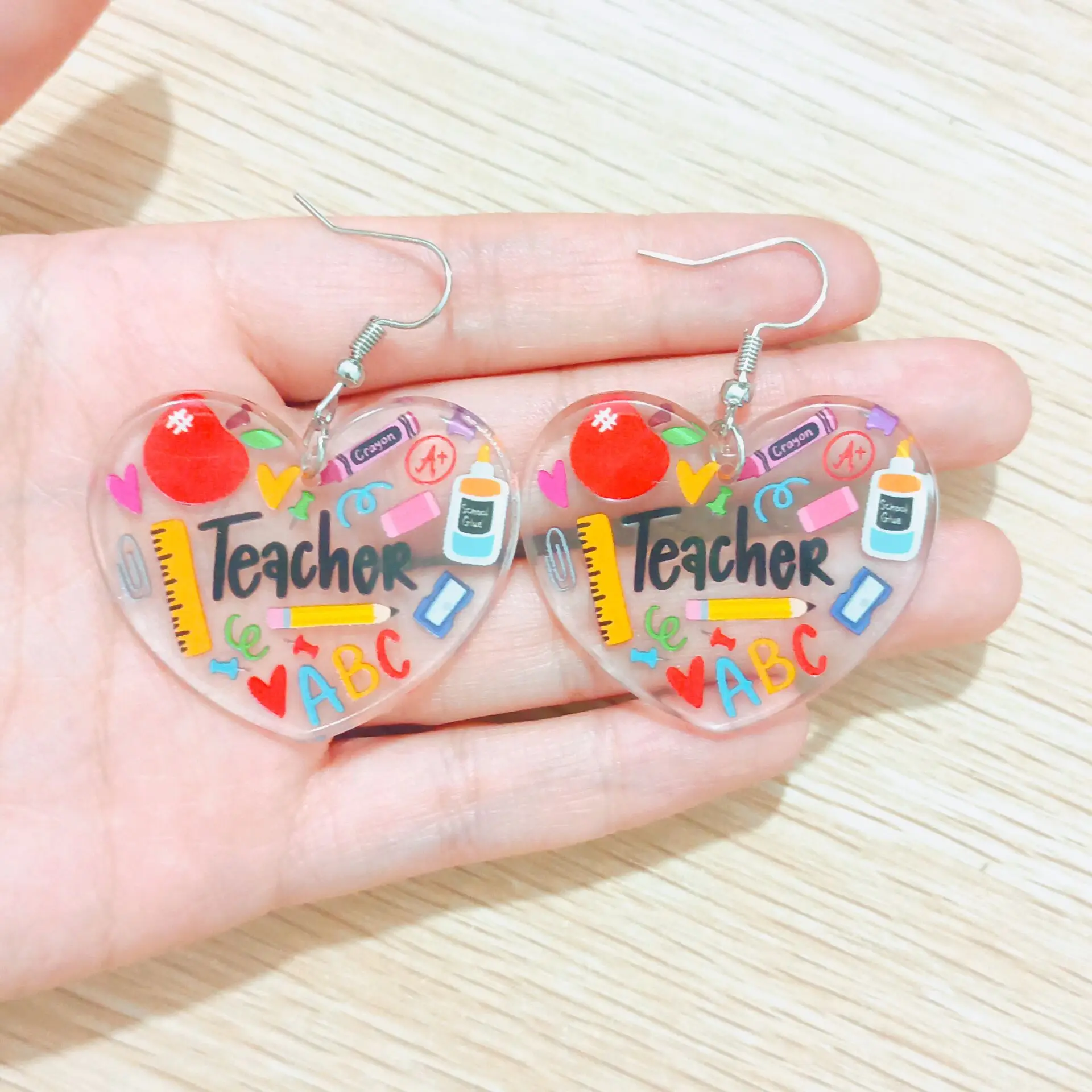 Double Sides Acrylic Teacher Blackboard Apple Rainbow Earrings for Women Owl Book Heart Ruler Ear Rings Teachers\' Day Gift