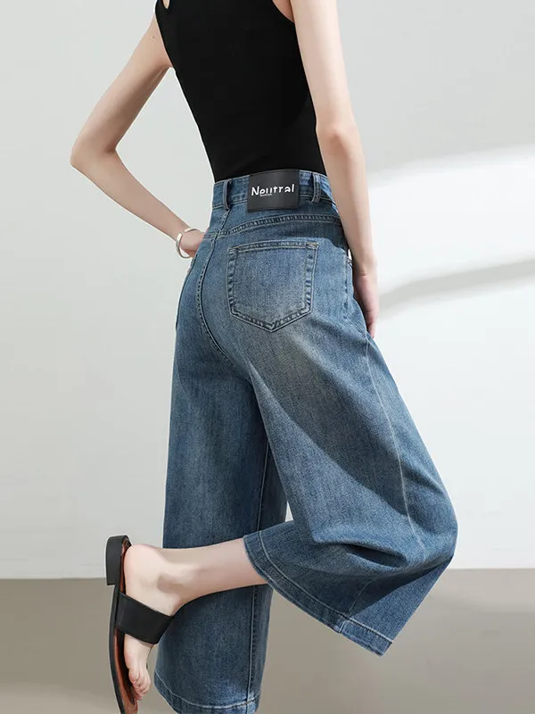 

Retro High Waist Wide Leg Jeans Women's Summer Thin Straight Tube Loose Fit Jeans Slimming Effect Seven Eightths Short plus Size