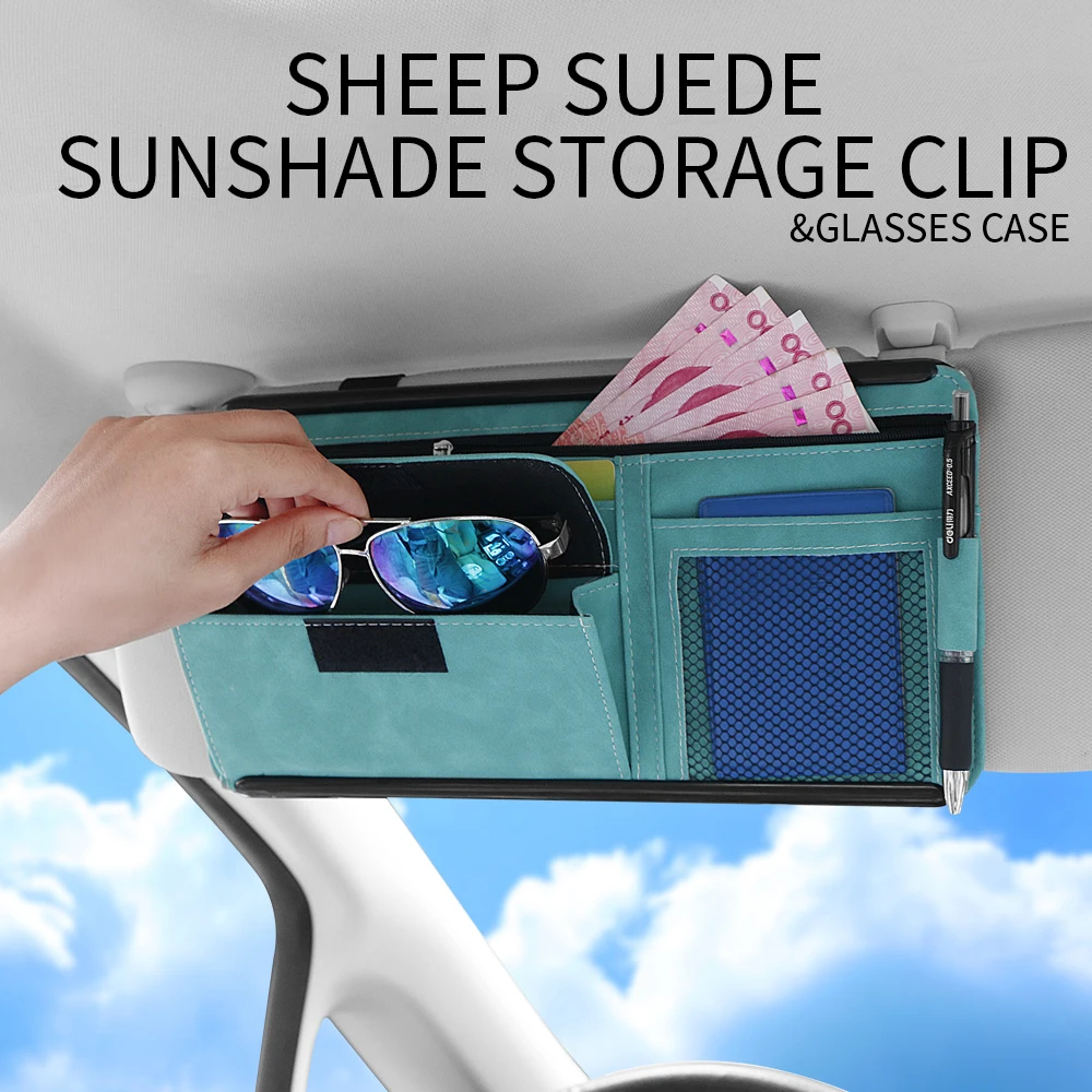 JFBONIN Car Visor Mount Eyewear Case Card Document Organizer Suede Texture PU Frame Zipper Closure Storage Pouch Auto