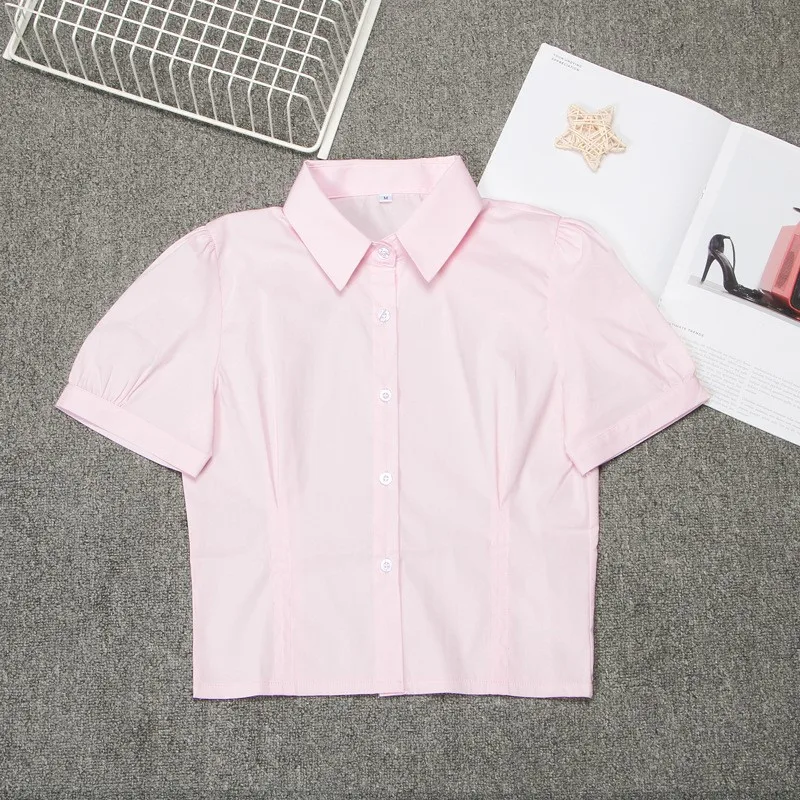 Koreanische jk Uniform weiß & rosa Mädchen elastische Puff ärmel Hemd hüft bedeckenden Rock solide College-Kostüme lange/kurze Ärmel Top