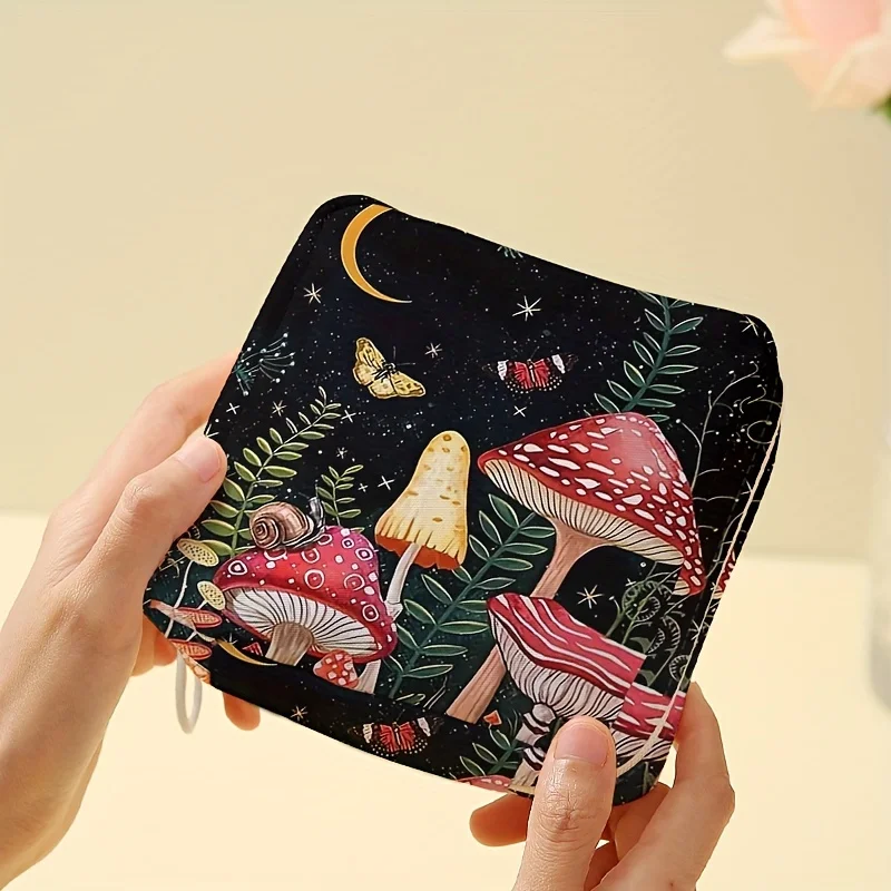 1 pc Mushroom pattern printed sanitary napkin storage bag, women's lightweight tissue bag, sanitary tissue bag