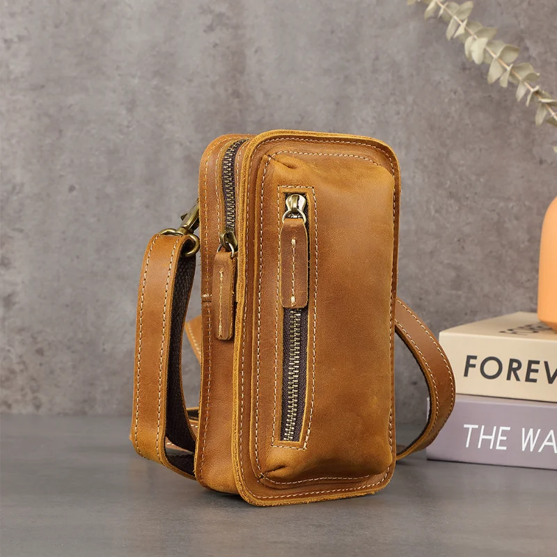 Crazy Horse Leather Retro Crossbody Bag New Waist Bag Men\'s Wear Belt Mini Bag Pure Cowhide Mobile Phone Bag