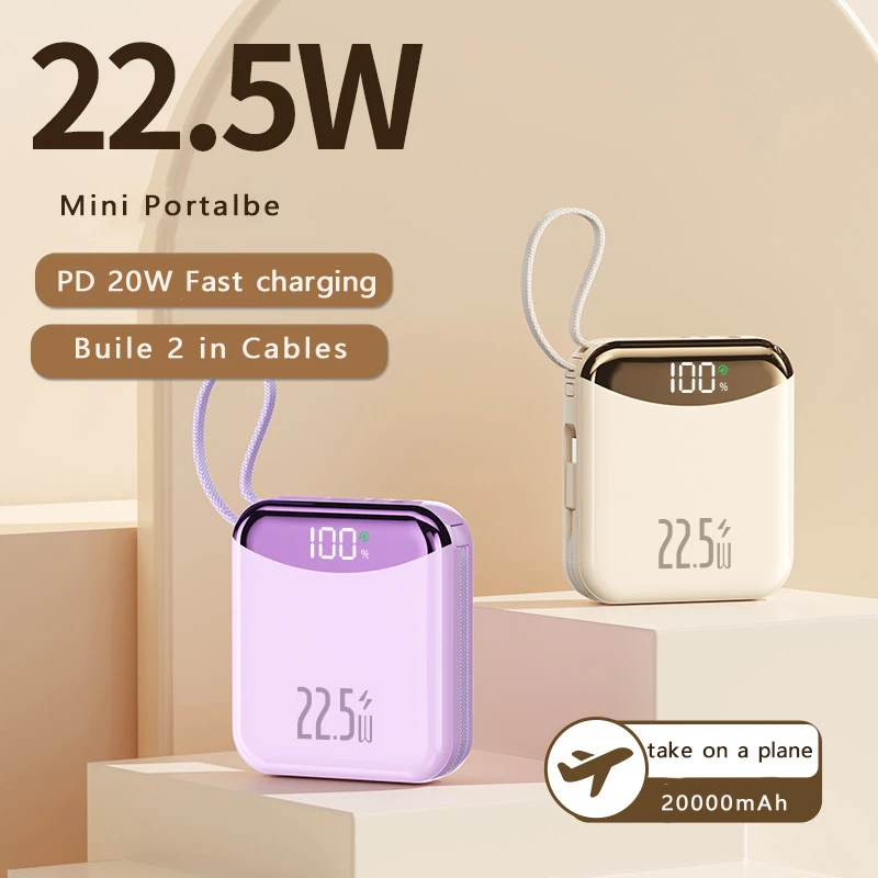 

Портативное зарядное устройство 10000 мАч, 22,5 Вт, с быстрой зарядкой, встроенным кабелем и LED-дисплеем для iPhone, Xiaomi, Samsung, MiniPowerbakn