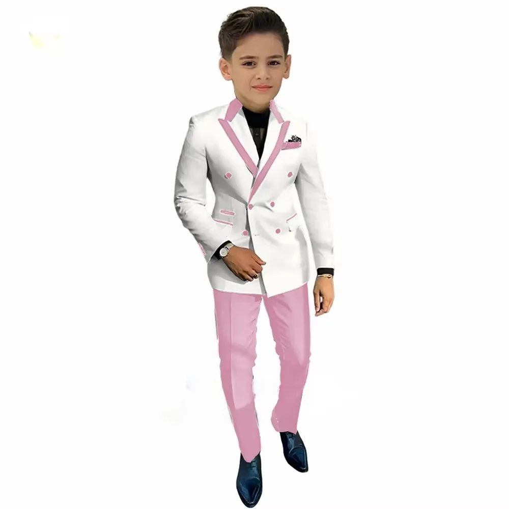 Fashion Boy's Tuxedo 2-Piece Set Jacket Pants Double Breasted Kids Party Suit for Piano Contest Performance Wedding Outfit