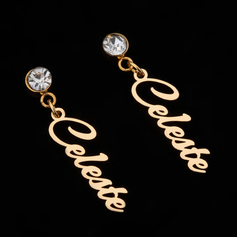 Pendientes de acero inoxidable con incrustaciones de diamantes personalizados para mujer, conjunto de joyas de oro y plata con nombre, regalos de navidad