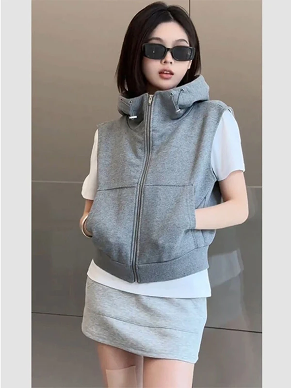 Fashionable Sleeveless Vest Top High-End Women's Summer Design Versatile Outerwear Commute Style Hooded Zipper Closure  ...
