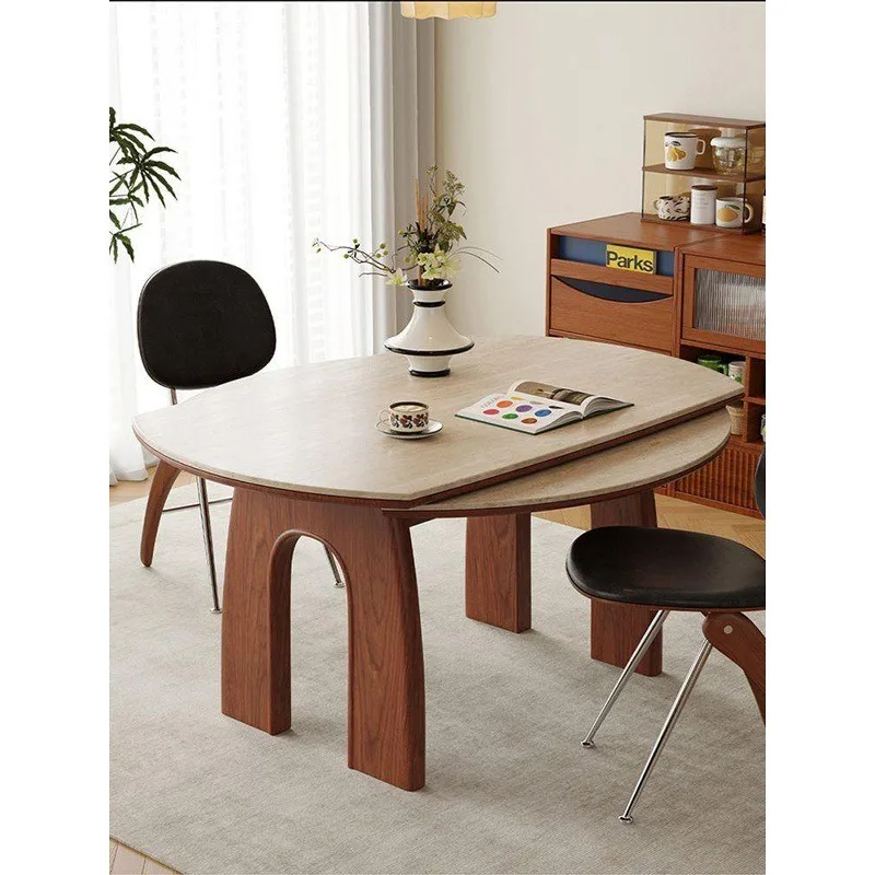 travertine solid wood rock slab dining table variable folding small apartment medium ancient retractable round table