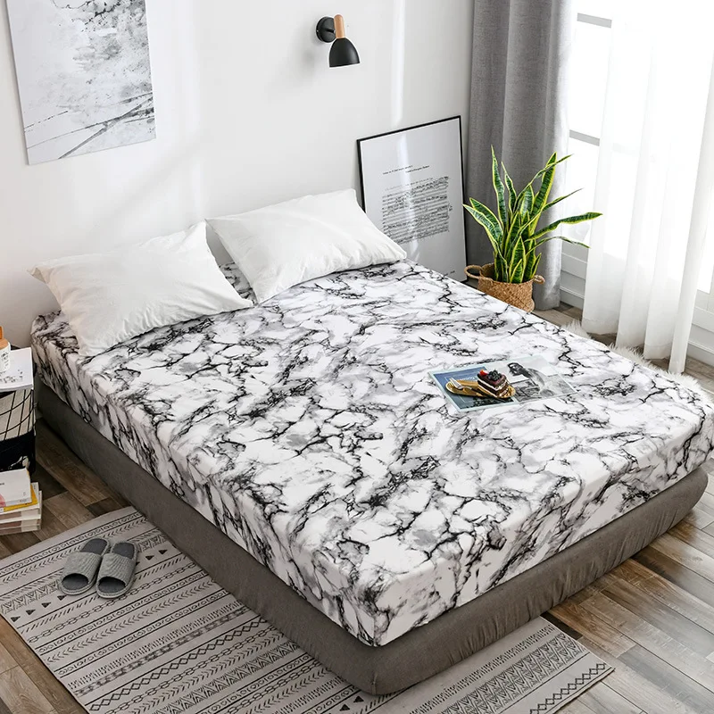 Nordic Mirco Fiber Marble Print Fitted Bed Sheet Single Elastic Band Double Bed Linen Home Soft Comfortable King Size Bedsheet