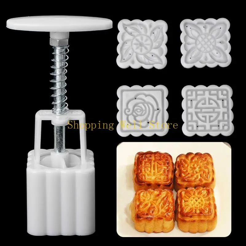 KX4B 50g Moon Cake Mold 6 Stamps Square Barrel Mooncake Hand Pressure Pastry Mould DIY Bakware Mid-autumn Festival