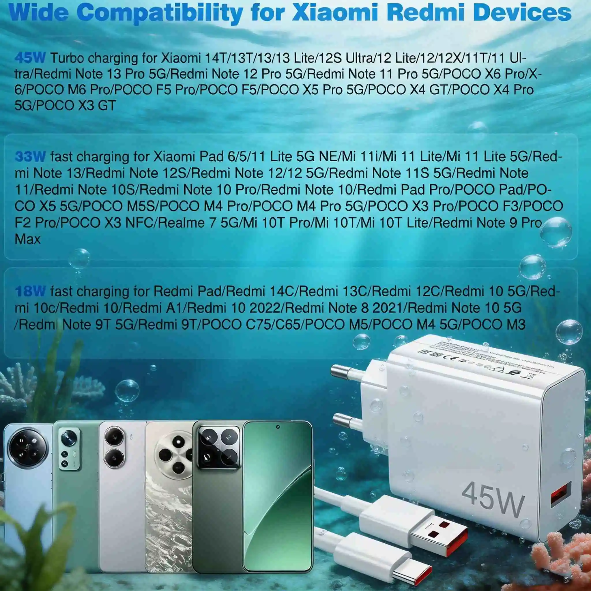 Ładowarka 45W do XIAOMI, typ C, szybkie ładowanie Turbo, kompatybilna z Redmi Note 15, 14, 13, 12, 11, X Pro, 10t, Poco M7, X7, K40, Pad 6. — zdjęcie produktu 6